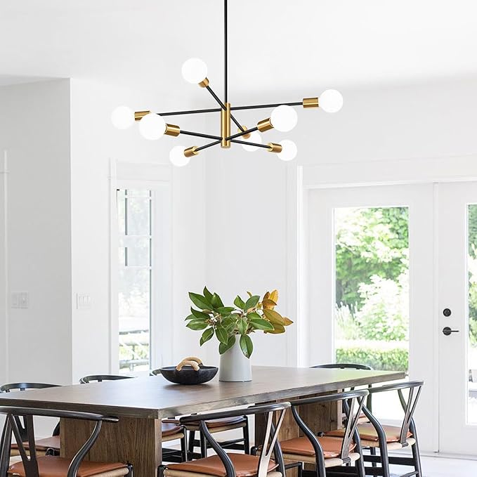 MQMQA Sputnik Chandeliers Dining Room Light Fixture (8-Light, 30-Inch), Modern Brushed Gold and Black Chandelier, Height Adjustable Mid Century Modern Chandeliers for Dining Room (Bulbs Not Included)