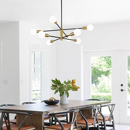 MQMQA Sputnik Chandeliers Dining Room Light Fixture (8-Light, 30-Inch), Modern Brushed Gold and Black Chandelier, Height Adjustable Mid Century Modern Chandeliers for Dining Room (Bulbs Not Included)