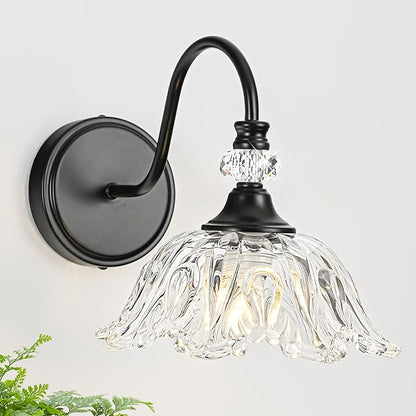 1 Piece Black Wall Sconce with Floral Clear Glass Shade, Black Farmhouse Wall Mount Lighting for Bathroom,Vintage Bathroom Vanity Light Fixture