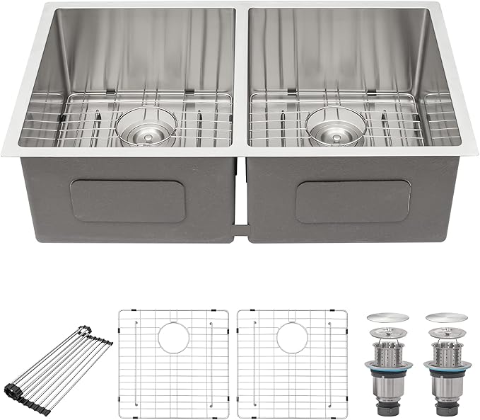 33 Undermount Double Bowl Kitchen Sink - Beslend 33x19x10 Inch Double Sink Stainless Steel Undermount Sinks 16 Gauge 50/50 Double Bowl Sinks