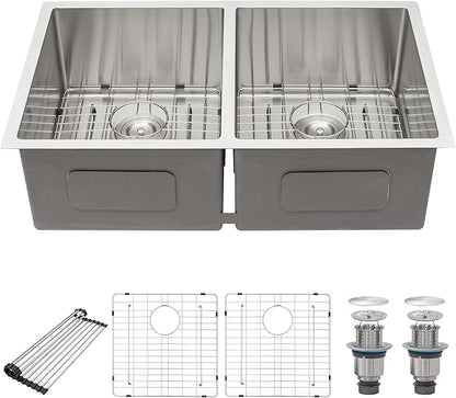 33 Undermount Double Bowl Kitchen Sink - Beslend 33x19x10 Inch Double Sink Stainless Steel Undermount Sinks 16 Gauge 50/50 Double Bowl Sinks