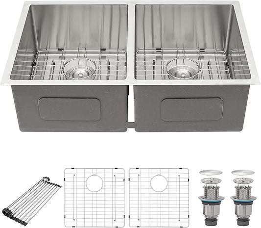 33 Undermount Double Bowl Kitchen Sink - Beslend 33x19x10 Inch Double Sink Stainless Steel Undermount Sinks 16 Gauge 50/50 Double Bowl Sinks
