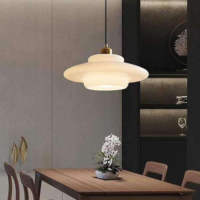 Vintage 12.6in White Glass Pendant Light Modern Spherical Hanging Lamp with Gold Metal Socket for Kitchen Island Dining Room Bedroom Living Room Hallway (12.6in)