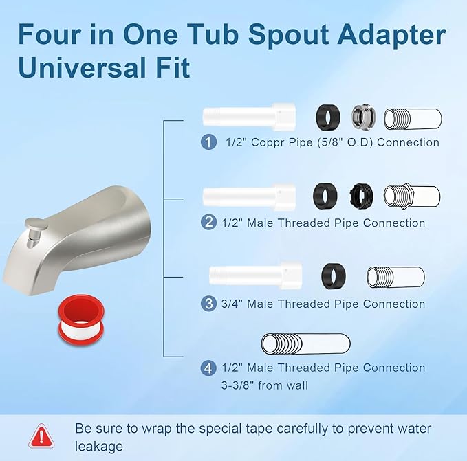 Universal Tub Spout for 1/2" Copper Pipe, 1/2" IPS and 3/4" IPS, Bathtub Faucet with Diverter and Adapter and Hex Wrench (Brushed Nickel)