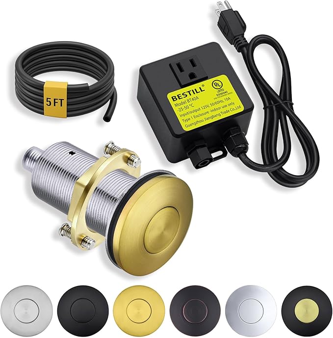 BESTILL Garbage Disposal Air Switch Kit, Brushed Brass Stainless Steel Push Button, UL Listed, Sink Top On/Off Switch for Food Waste Disposer