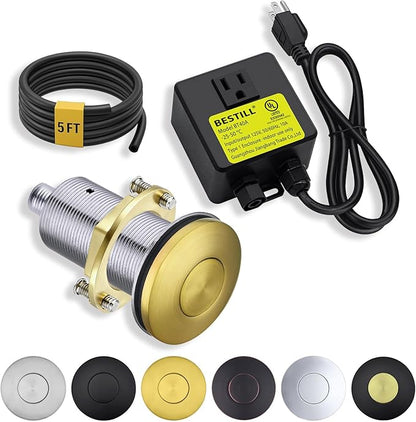 BESTILL Garbage Disposal Air Switch Kit, Brushed Brass Stainless Steel Push Button, UL Listed, Sink Top On/Off Switch for Food Waste Disposer