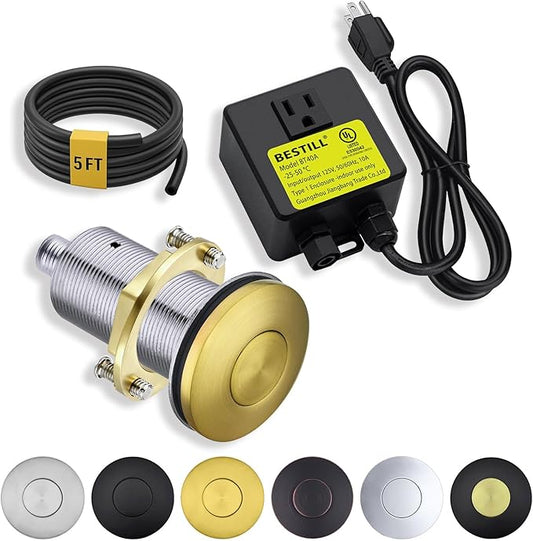 BESTILL Garbage Disposal Air Switch Kit, Brushed Brass Stainless Steel Push Button, UL Listed, Sink Top On/Off Switch for Food Waste Disposer