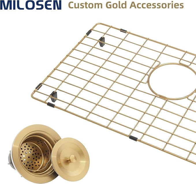 MILOSEN Gold RV Kitchen Sink, 25×15 inch 16 Gauge T304 Stainless Steel Undermount RV Sink with Basket Strainer, Gold Outdoor Camper Sinks, 7'' Depth Deep Single Bowl Laundry Basin