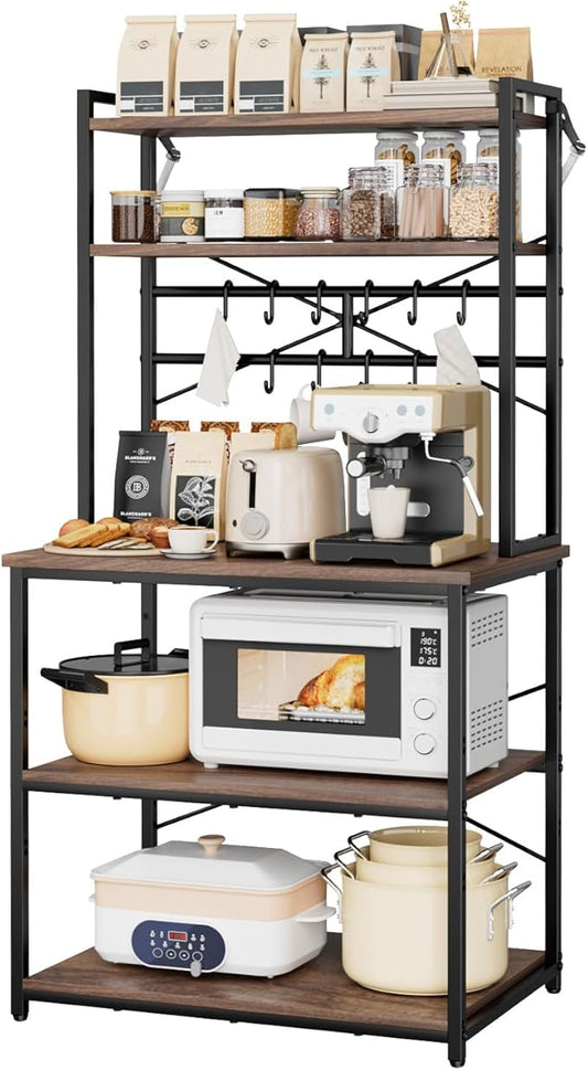 VEVOR Bakers Rack, 31.5 inch Width Microwave Stand,Kitchen Stand with X-Shaped Support Bar & 12 S-Shaped Hooks,Kitchen Storage Shelf for Dish Storage, Spice Jars, Coffee Bar Organization