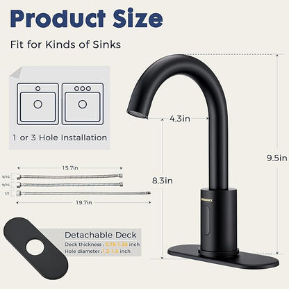 Touchless Bathroom Faucets for 1 or 3 Hole, Tall Body Automatic Bathroom Sink Faucets with Deck Plate,Motion Sensor Commercial Faucets for Bathroom&Kitchen,360° Swivel Spout,Black