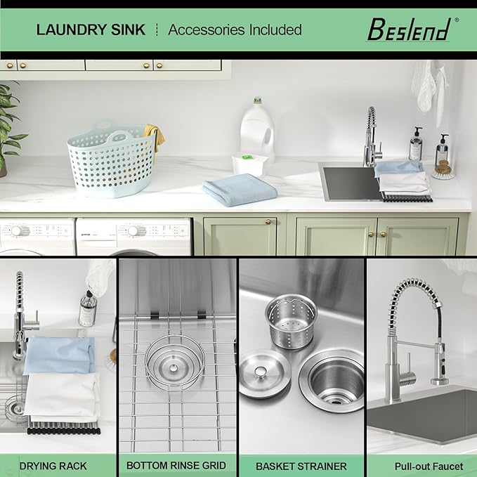 22 Laundry Sink Drop In with Faucet - Beslend 22x22x12 Inch Laundry Utility Sinks 12 Inch Deep Sink Stainless Steel Topmount Sinks 16 Gauge Single Bowl Sink for RV Laundry Room