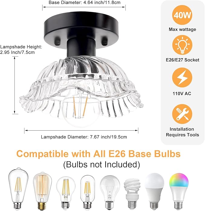 Shenmoyl Semi Flush Mount Vintage Lights Fixture, Black Hallway Kitchen Bedroom Ceiling Light with Clear Glass, 4.72" Base Modern Fixtures for Bathroom, Porch