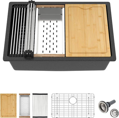 28x19 Inch Undermount Kitchen Sink, Matte Black Granite Composite Ledge Workstation Quartz Sink, Single Bowl Deep Under Counter Sink