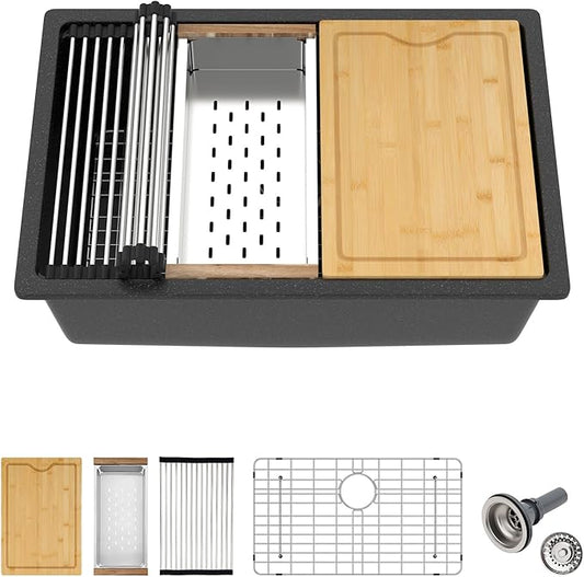 28x19 Inch Undermount Kitchen Sink, Matte Black Granite Composite Ledge Workstation Quartz Sink, Single Bowl Deep Under Counter Sink