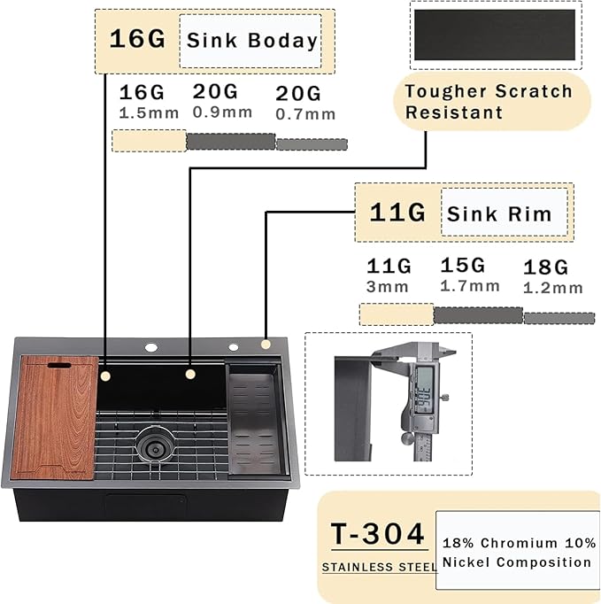 VCCUCINE 33x22 Inch Black Drop In Kitchen Sink,33 Gunmetal Black Single Bowl Stainless Steel Topmount Workstation Kitchen Sink Laundry Sink,Top mount 2 Hole Kitchen Sink with Cutting Board & Strainer