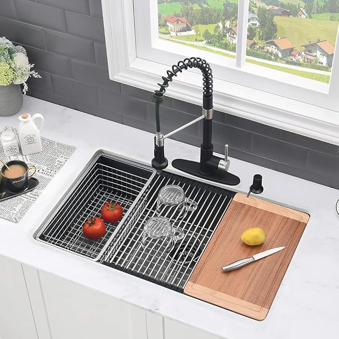28 Inch Black Undermount Kitchen Sink Workstation-VASOYO 28x19 Black Stainless Steel Kitchen Sink Undermount Workstation Sinks 16 Gauge 304 Stainless Single Bowl Deep Sinks with Cutting Board