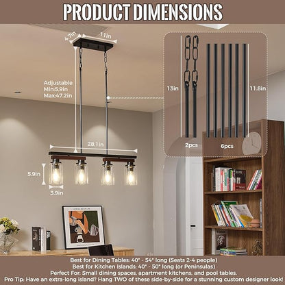 4-Light Kitchen Island Lighting & Farmhouse Dining Room Light Fixtures Over Table, Rustic Wood Linear Chandelier Adjustable Ceiling Hanging Pendant- Rotating Design, Customizable Shapes, Clear Glass