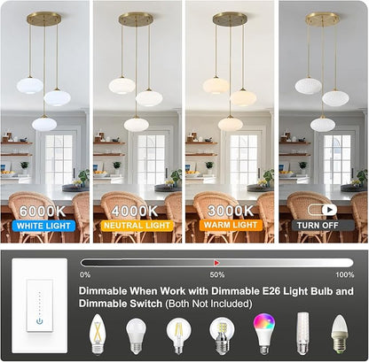 Large White Ribbed Glass Pendant Light Modern 3-Light Cluster Pendant Lighting Mid Century Globe Hanging Pendant Light Brass Gold Chandeliers for Dining Room Living Room