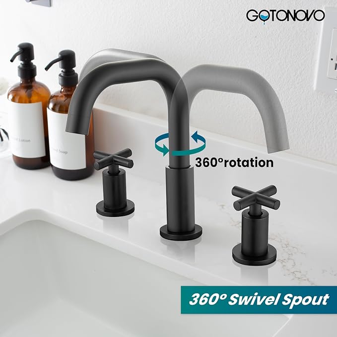 gotonovo 8 inch Widespread 3 Hole Bathroom Sink Faucet,2 Cross Handle Vanity Faucet Deck Mount Basin for Bathroom Sink 360° Swivel Spout with Pop Up Drain Matte Black