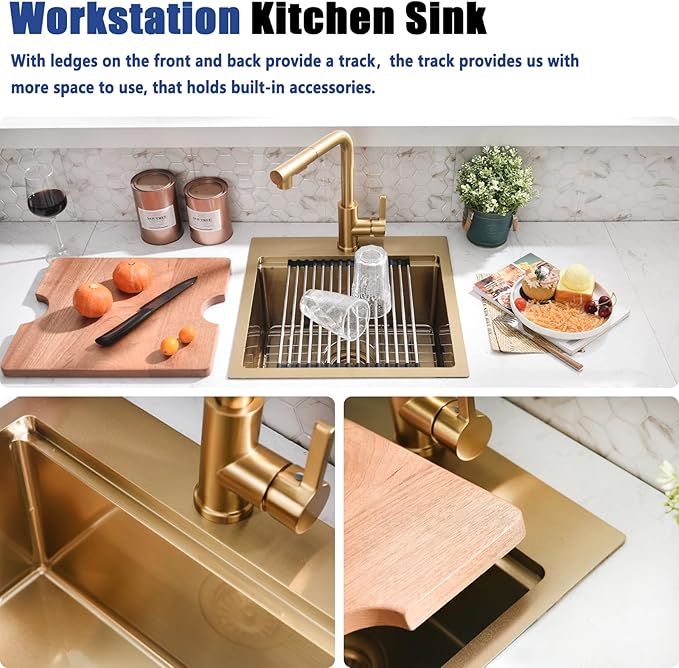 15x17 Gold Drop In Bar Sink with Faucet - 15 Inch Gold Drop In Small Kitchen Sink and Faucet Combo Set, 9 Inch Deep Stainless Steel Bar Sinks Workstation with Accessories