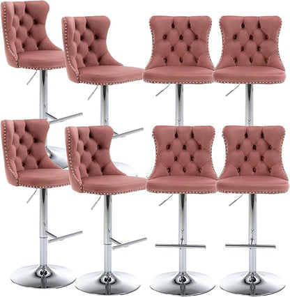 Rhomtree Velvet Swivel Bar Stools Upholstered Bar Stool with Button Tufted Back and Pull Ring Height Adjustable Barstools 25-33 Inch for Home Pub and Kitchen Island (Pink with Silver Base, Set of 8)