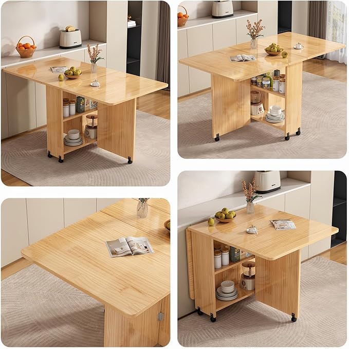 Kavie Solid Wood Folding Dining Table with Wheels, Expandable Mobile Kitchen Island with Storage Shelf, Space Saving Table for Apartment Living Room (Natural,31.5" L*19.6" W*29.5" H)