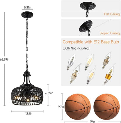 Farmhouse Chandeliers for Dining Room, 3-Light Rustic Ceiling Fixture with Twine Making Lampshade, Adjustable Height Chandelier for Bedroom, Kitchen, Bedroom (Balck)