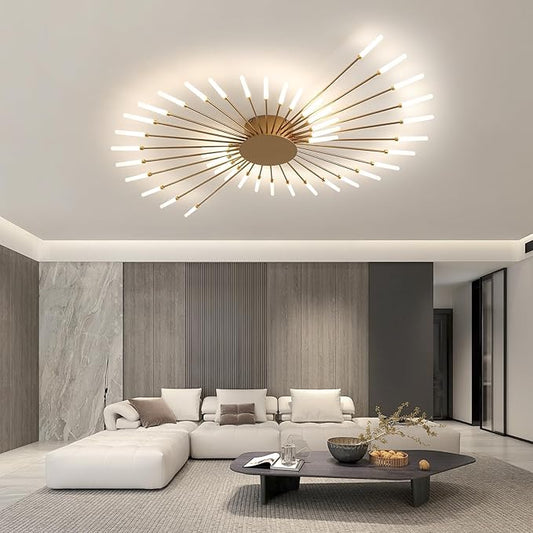 JAYMP 50.4" Ceiling Light Modern Flower Shape Ceiling Lamp for Living Room Dining Room Flush Mount Metal Acrylic Sputnik Firework Petal LED Lighting Fixture (Matte Gold, 42 Lights)