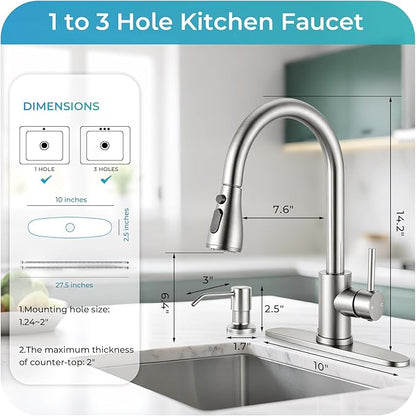 Pull Down Kitchen Faucet with Soap Dispenser - Brushed Nickel Single Handle Kitchen Faucets, High Arc Stainless Steel Pull Out Kitchen Sink Faucet with Deck for RV Laundry Farmhouse Bar