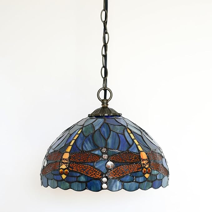 Tiffany Pendant Light Plug-in Stained Glass Hanging Lamp 12”x12”x181” Blue Dragonfly Swag Light Vintage Lamp Decorative Lighting for Dining Room Living Room Kitchen Hallway Bedroom