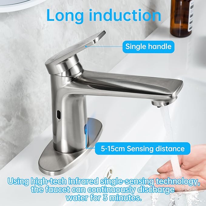 Bathroom Faucet with Built-in Soap Dispenser, Adjustable Hot & Cold Water Temperature, Short & Long Sensor Modes, Touchless Automatic Basin Sensor Faucet (Brushed Nickel)