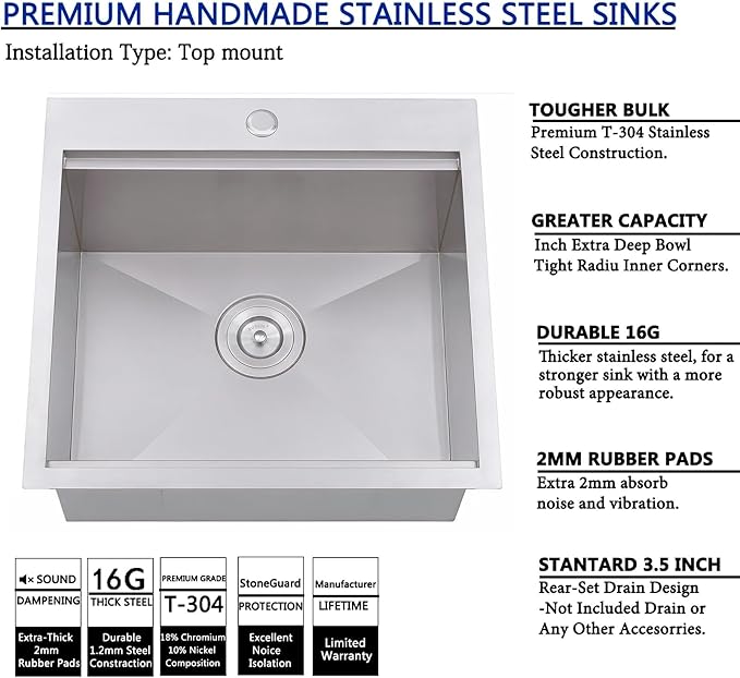 SHACO 21 Inch Drop In Kitchen Sink, 21x20 Inch Topmount Bar Sink 16 Gauge Stainless Steel Workstation Handmade Outdoor Laundry RV Small Prep Basin with Accessories