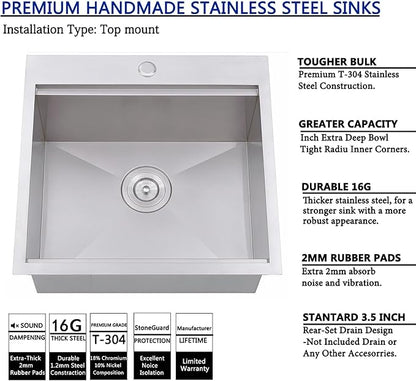 SHACO 21 Inch Drop In Kitchen Sink, 21x20 Inch Topmount Bar Sink 16 Gauge Stainless Steel Workstation Handmade Outdoor Laundry RV Small Prep Basin with Accessories