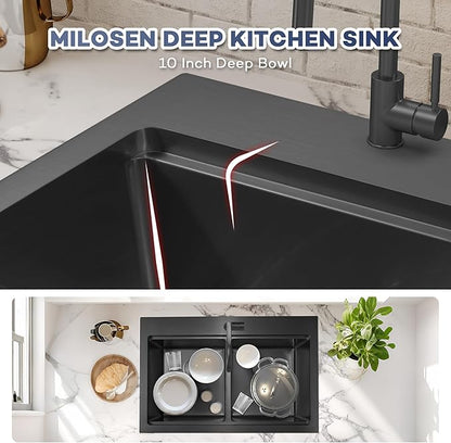 MILOSEN 31 Inch Black Double Bowl Kitchen Sink, 31''x22'' Drop in 16 Gauge T304 Black Stainless Steel Sinks, Workstation Sink 50/50 Topmount Double Basin with Accessories, 10'' Large and Deep Sinks