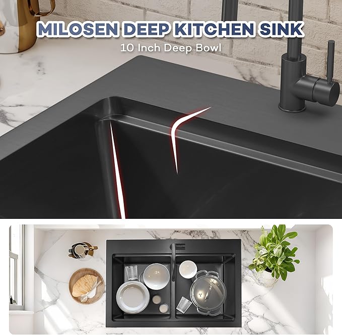 MILOSEN 33 Inch Black Double Bowl Kitchen Sink, 33''x22'' Drop in 16 Gauge T304 Black Stainless Steel Sinks, Workstation Sink 50/50 Topmount Double Basin with Accessories, 10'' Deep and Large Sinks
