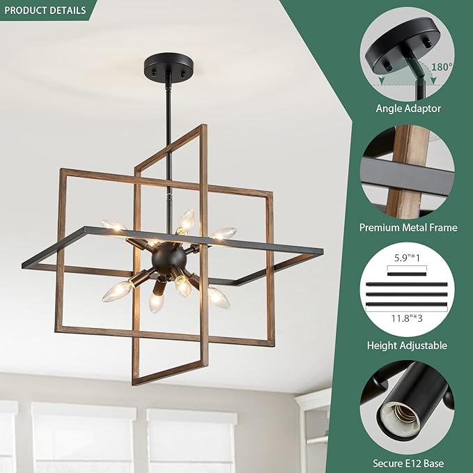 Farmhouse Chandelier, 8-Light Geometric Ceiling Light Fixture, 22” Height Adjustable Faux-Walnut Grain Metal Lamp for Foyer, Stairway, Living Room