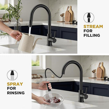 Black Kitchen Faucet with Pull Down Sprayer, Stainless Steel Kitchen Sink Faucet Classic High Arc Single Handle with Deck Plate for 1 or 3 Hole, Fit for Farmhouse Bar Laundry Camper