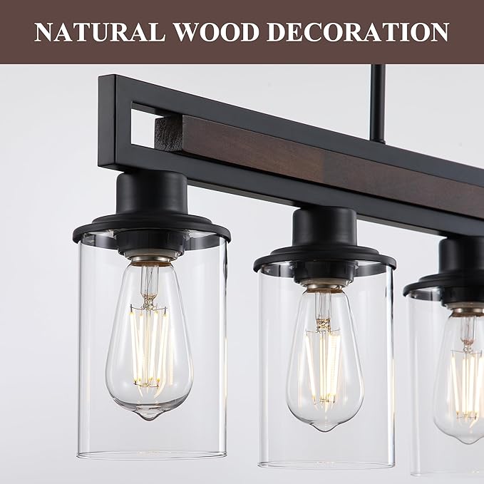 Farmhouse Dining Room Light Fixture Over Table, 5-Light Wood Kitchen Island Lighting, Black Adjustable Pendant Light with Clear Glass Shades, Linear Chandeliers Lighting for Kitchen
