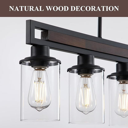 Farmhouse Dining Room Light Fixture Over Table, 5-Light Wood Kitchen Island Lighting, Black Adjustable Pendant Light with Clear Glass Shades, Linear Chandeliers Lighting for Kitchen