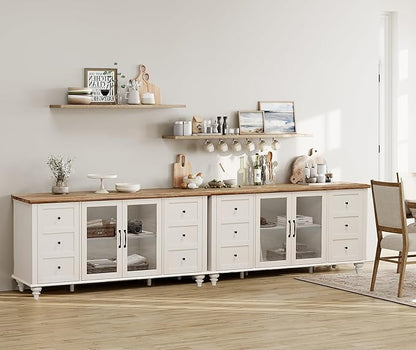 WAMPAT 2-in-1 Sideboard Buffet Cabinets with Glass Door, Kitchen Storage Cabinets, Wood Coffee Bar Tables, Accent Sideboard Storage Cabinet Table Dining Room, Living Room,White