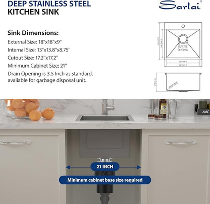 Sarlai 18 Drop Bar Sink Stainless Steel - 18 x 18 Inch Bar Prep Sink Square Topmount Stainless Steel 16 Gauge Deep Single Bowl Over Counter RV Camper Wet Bar Prep Kitchen Sink