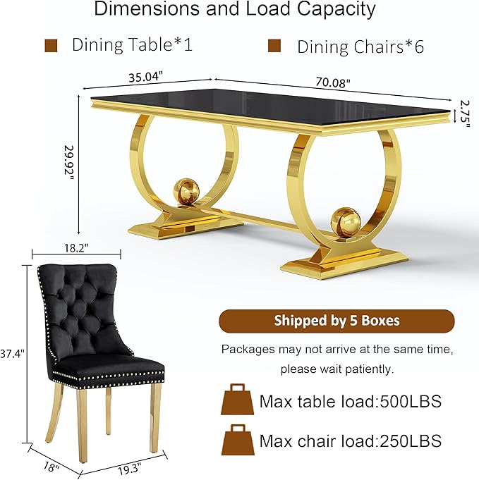7-Piece Modern Luxury Dining Table Set, 70" Black Tempered Glass Dining Table with Gold Polished Stainless Steel U-Shaped Pedestal Base, 6 Black Velvet Upholstered Chairs, for Dining Room, Office