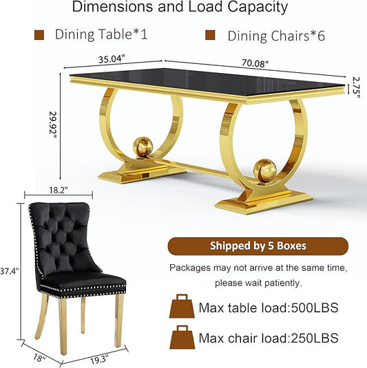 7-Piece Modern Luxury Dining Table Set, 70" Black Tempered Glass Dining Table with Gold Polished Stainless Steel U-Shaped Pedestal Base, 6 Black Velvet Upholstered Chairs, for Dining Room, Office