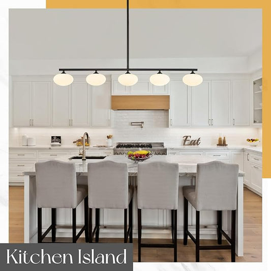 5-Light Linear Chandelier, Black Kitchen Island Light, Mid Century Globe Chandelier, Dining Room Light Fixture with Milk Glass Shades