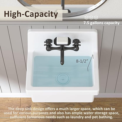 21 Inch Wall Mount Utility Sink, High Back Farmhouse Sink, White Ceramic Bathroom Sink Above Counter, Floating Porcelain Laundry Tub for Kitchen, Bathroom, Garage (21.3" x 16.2")