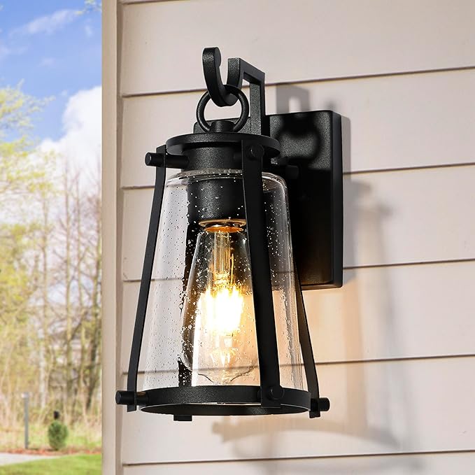 Outdoor Wall Lantern Light Fixture, Black Exterior Wall Mounted Sconces with Seeded Glass, Farmhouse Anti-Rust Porch Lights for Front Door, Garage, Entry, Porch, Patio, and Gazebo