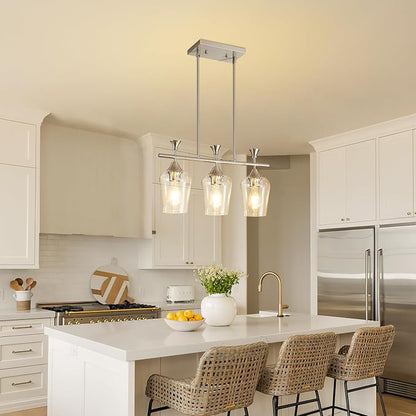 21.2" Dining Room Light Fixture/Chandelier Over Table, 3-Light Brushed Nickel Kitchen Island Lighting with Clear Glass Shade, Modern Hanging Pendant Lights Fixture for Kitchen Island, Dining Room, Bar