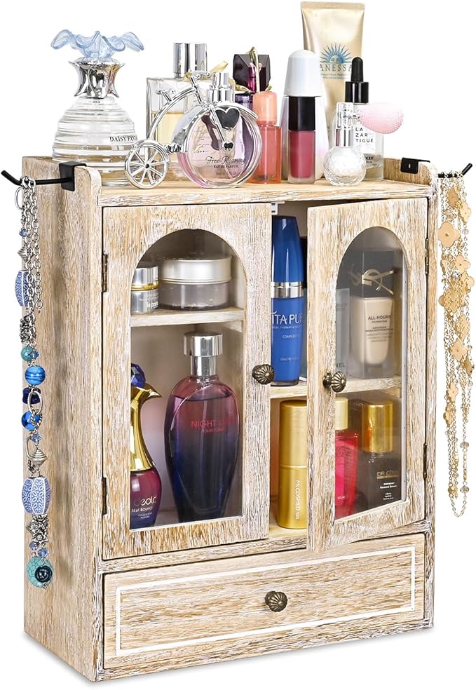 Ikee Design Wooden Countertop Storage Cabinet with Magnetic Door, Adjustable Shelves, Removable Hooks and Drawer for Perfume, Makeup, Pantry, Vintage White, 12.2 W x 6 D x 15.7 H in