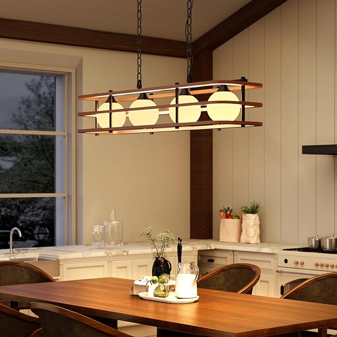 35.4" Farmhouse Dining Room Light Fixture, 4-Light Kitchen Island Lighting, Rustic Rectangular Chandeliers for Kitchen Island, Wood Linear Pendant Light Over Table