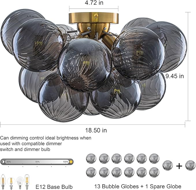 GoYeel Bubble Ceiling Light Fixture 18.5"-Glass Light Fixtures Ceiling Mount Modern Gold Chandelier Dining Room with 13 Swirled Smoke Grey Globe for Kitchen Bathroom Entryway Bedroom